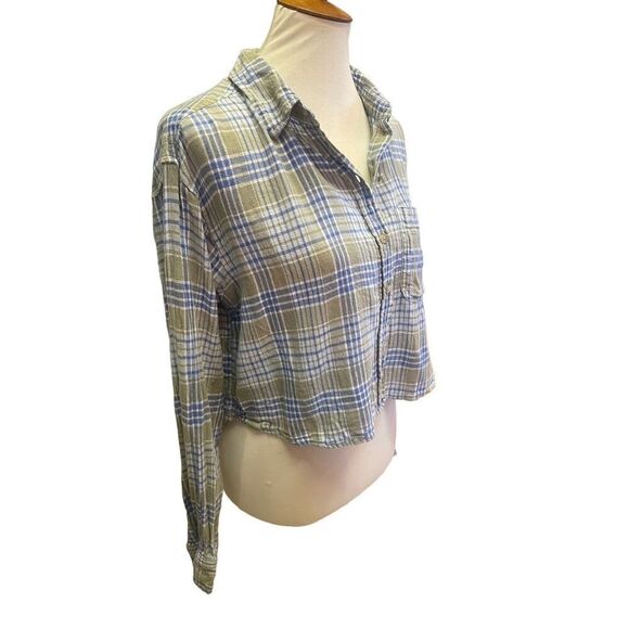 American Eagle Outfitters Blue/Green/White Plaid Long Sleeve Button Down Linen B - Picture 6 of 12